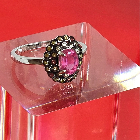 925 Sterling Silver with Natural Ruby 7x5mm & Sapphire Ring Sz 8.25 - Picture 4 of 8